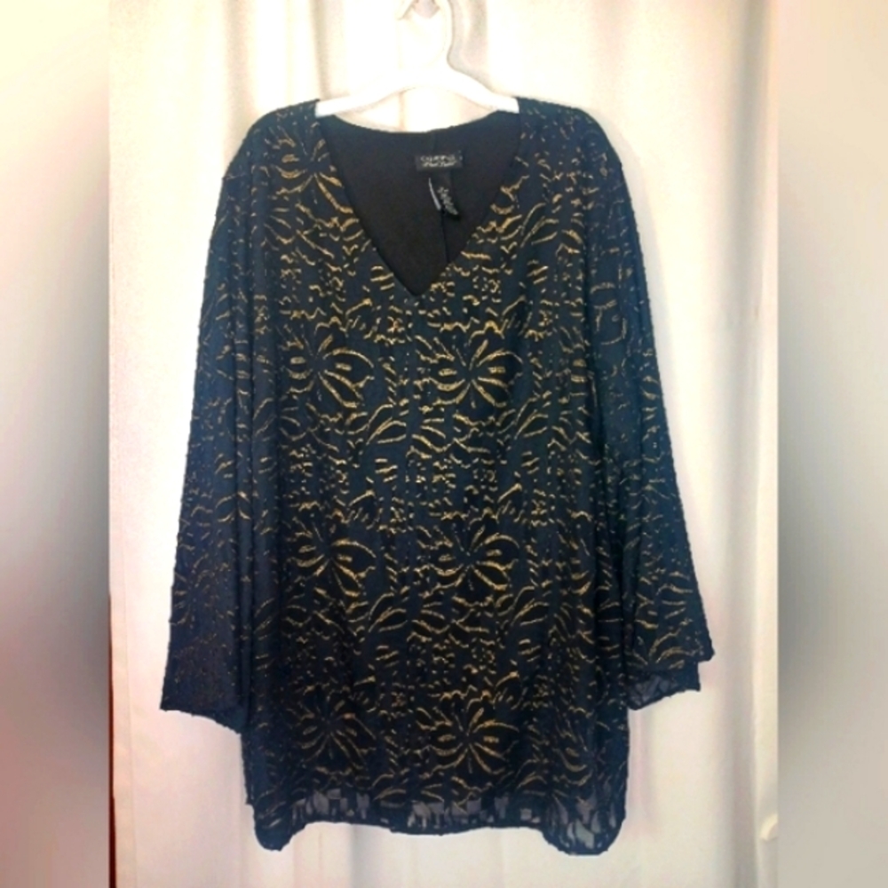 Catherines Black Label Dark Floral Peasant Top 2X V Neck Bell Sleeve Whimsigoth